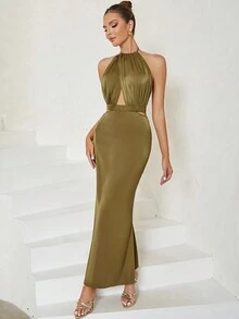 Cut Tie-Up Crossover Open-Back Hang-Pleated Dress - Olive Green - View 6
