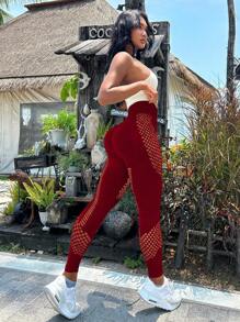 Hollow Out Wideband Waist Sports Leggings - Burgundy - View 1