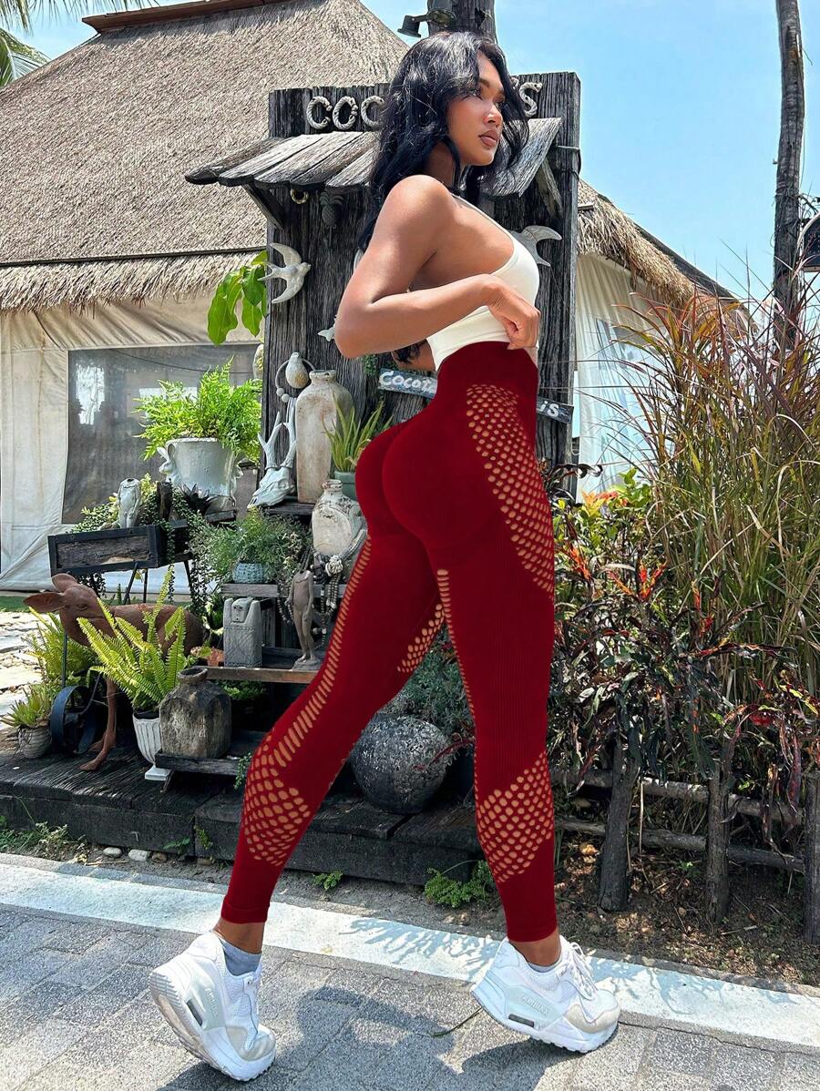 Hollow Out Wideband Waist Sports Leggings - Burgundy - View 1