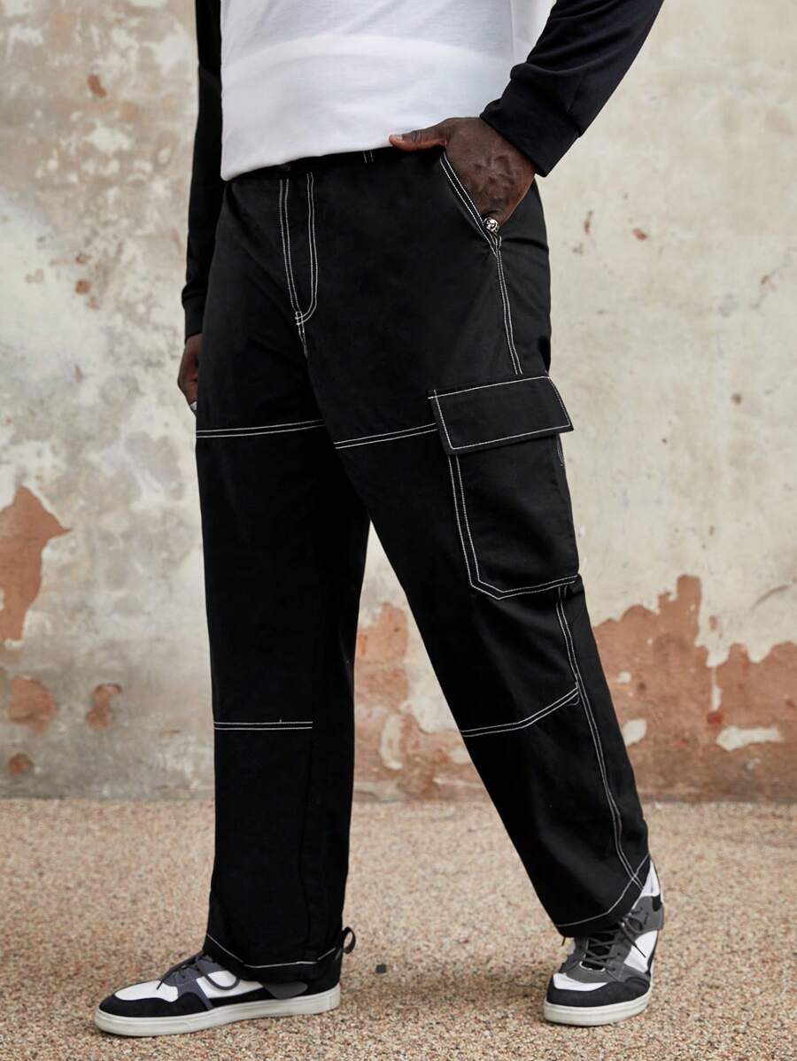 Manfinity VCAY 男士大码頂針側翻蓋口袋工裝褲 - 黑色 - 查看 1