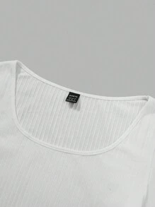 SHEIN EZwear Solid Scoop Neck Ribbed Knit Bodysuit - White - View 3