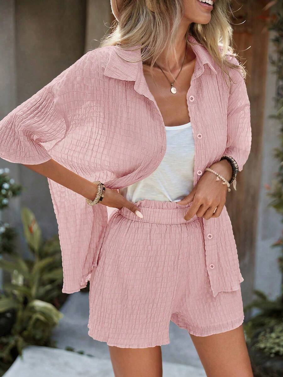 SHEIN LUNE Solid Drop Shoulder Shirt & Shorts - Baby Pink - View 1