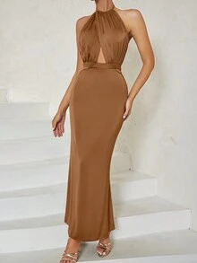 Vestido con abertura delantera de cuello halter de espalda abierta - Marrón - Ver 4