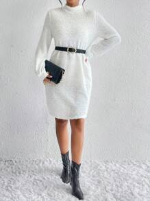 SHEIN Essnce 小高領毛茸茸洋裝不附腰帶 - 白色 - 查看 5