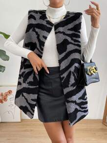 SHEIN Essnce Abrigo chaleco con estampado de dibujo con parte delantera abierta teddy - Multicolor - Ver 3