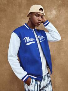 ROMWE MEN Prep Nam Đồ họa Chữ cái Khối màu Áo khoác Đại học - Xanh và trắng - Xem 3