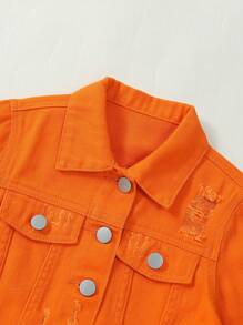 SHEIN Explorewe Chica Joven 1 pieza Cazadora mezclilla desgarro con diseño de solapa - Naranja - Ver 4