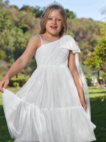 Tween Girl Asymmetrical Shoulder Bow Detail Ruffle Hem Mesh Overlay Dress - White - View 4