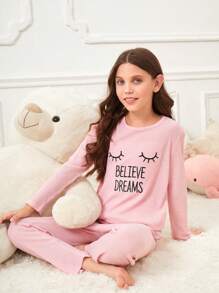 Tween Girl Eyelash & Slogan Graphic Tee & Pants PJ Set - Pink - View 1
