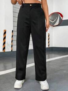 Flirla Hơn Túi nắp bên cạnh Quần Cargo - màu đen - Xem 3