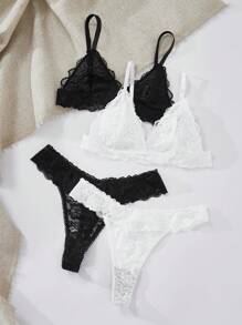 2 Packs Floral Lace Lingerie Set - Black and White - View 5
