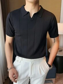 Men's Summer Thick Rib Knit Drawstring Textured Short Sleeve Polo Sweater - Black - View 4