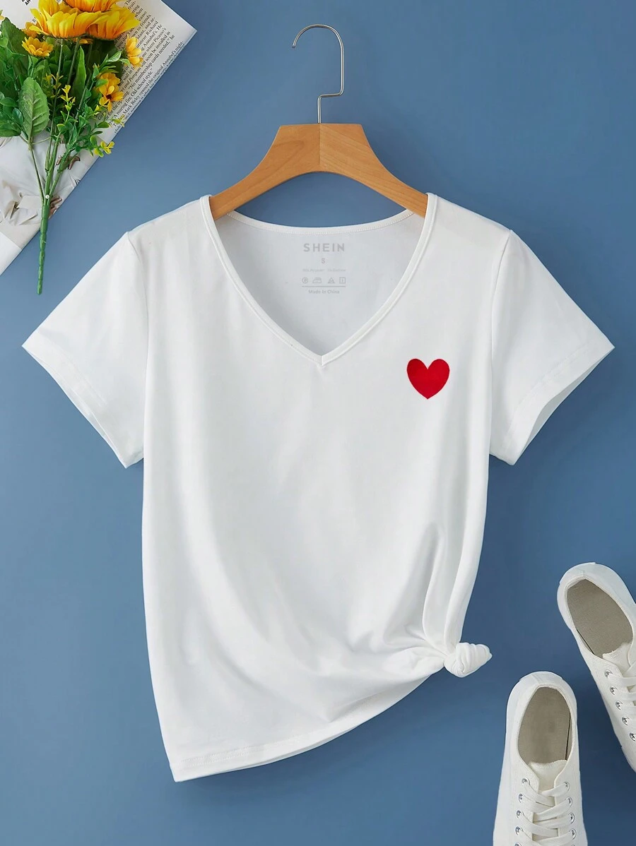 SHEIN LUNE Camiseta con estampado de corazón - Blanco - Ver 1