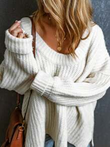 CILKOO Women's Solid Color Drop Shoulder Long Sleeve Casual Loose Knit Sweater, Autumn/Winter - White - View 4