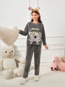 女童毛絨卡通考拉刺繡家居服睡衣套裝 - 淺灰色 - 查看 5