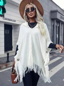 SHEIN Unity Poncho con diseño de botón ribete con fleco con capucha tejido - Beis - Ver 6