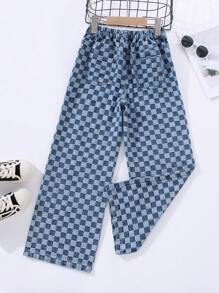 女大童棋盤格彈性腰帶闊腿牛仔褲 - 中等水洗藍 - 查看 1