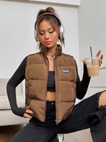 SHEIN EZwear 1 件字母贴花拉链背心加厚外套 - 咖啡棕 - 查看 5