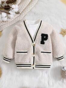 Đứa bé trai Thư được vá Nút Thông qua Áo Teddy Jackets - Màu be - Xem 1