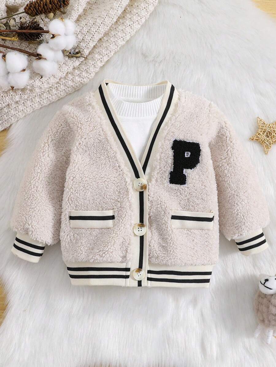 Đứa bé trai Thư được vá Nút Thông qua Áo Teddy Jackets - Màu be - Xem 1