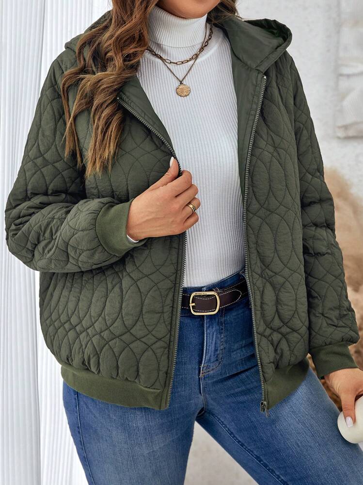 SHEIN LUNE 大碼拉鏈開襟連帽絎縫外套 - 軍綠色 - 查看 3