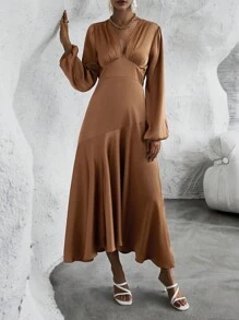 SHEIN Clasi Robe maxi en satin à manches de lanterne unicolore, avec corsage froncé, tenue pour femmes - Marron - Voir 2