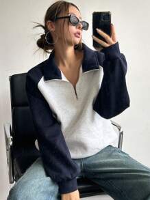 DAZY Sudadera de manga raglán con cremallera de cuarto en dos tonos, tops de manga larga - Multicolor - Ver 1