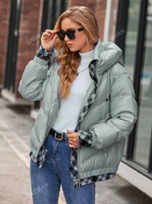 GASMAN Plaid Print Drawstring Zipper Hooded Padded Coat