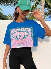 SHEIN EZwear Letter Graphic Drop Shoulder Crop Tee - Blue - View 1