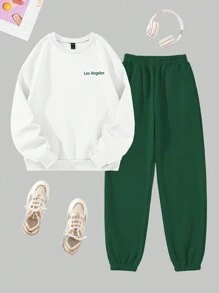 SHEIN Unity 字母圖案落肩袖衛衣和衛褲 - 彩色 - 查看 1