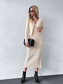Chiquease Cable Knit Cami Sweater Dress & Cardigan - Apricot - View 6
