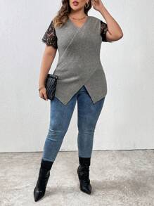 SHEIN LUNE Plus Contrast Lace Wrap Hem Sweater Knit Pullover Fall Winter Sweater - Grey - View 7