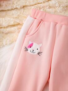 SHEIN Young Girl Embroidery Cartoon Pattern Raglan Sleeve Pullover & Sweatpants & 3D Ear Design Thermal Lined Hooded Jacket