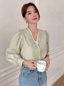 DAZY Guipure Lace Trim Puff Sleeve Blouse - Olive Green - View 4