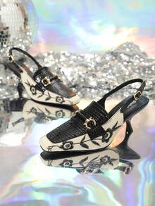 Women's Embroidered High Heel Square Toe Back Strap Pump With Decorative Buckle - Multicolor - View 3