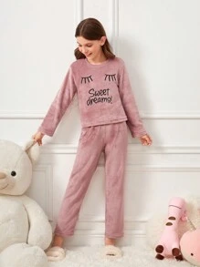 Tween Girl Cartoon & Letter Embroidery Flannel Top & Pants PJ Set - Rusty Rose - View 1