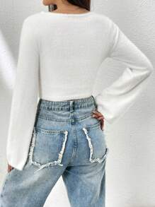 Muchica Square Neck Crop Fuzzy Knit Top - White - View 2