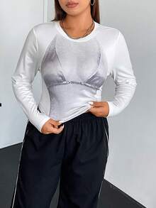 SHEIN ICON 大碼人像圖案短款T恤 - 白色 - 查看 3