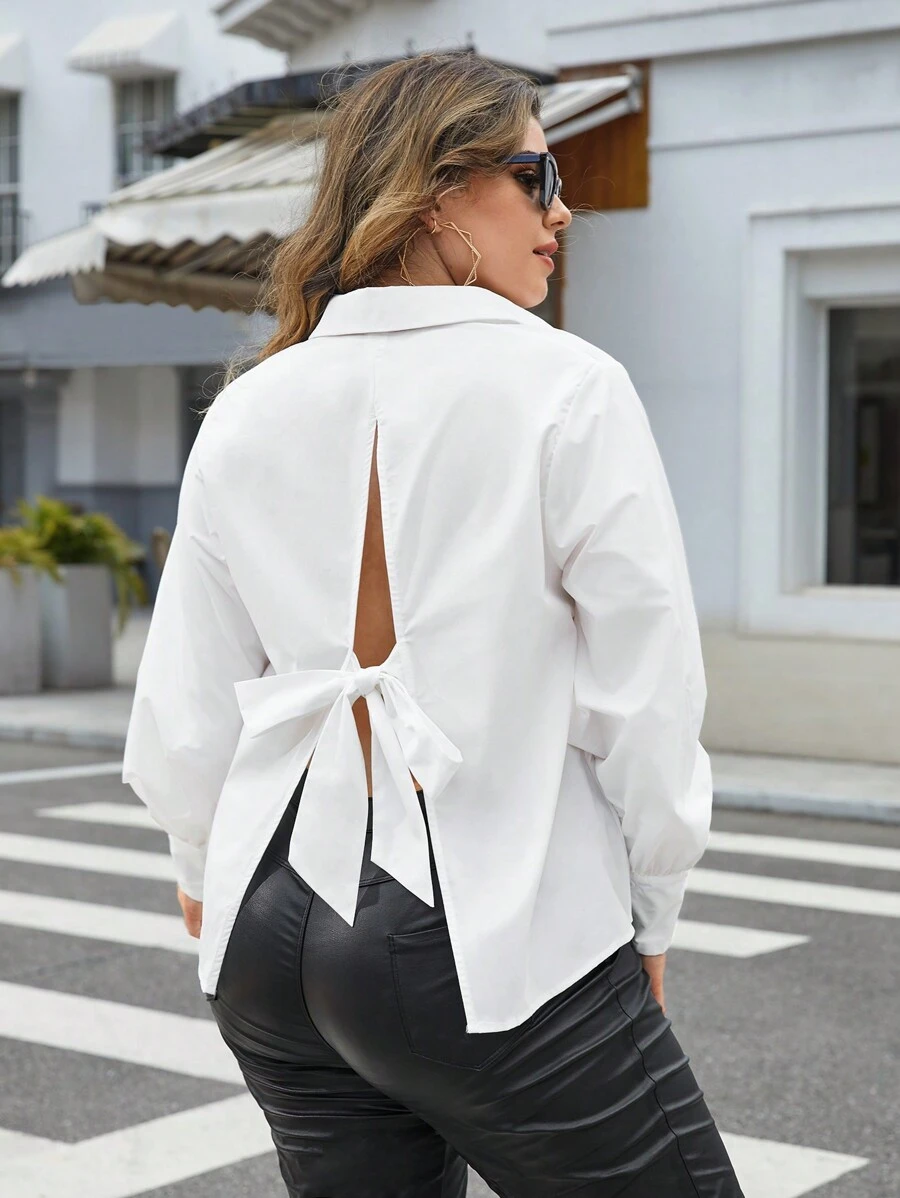 SHEIN Essnce 大碼開叉後綁帶襯衫 - 白色 - 查看 1