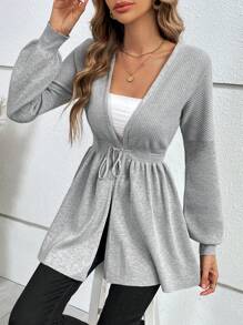 SHEIN Frenchy Solid Drawstring Waist Cardigan - Grey - View 3