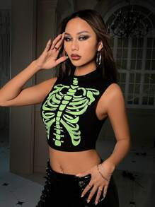 SHEIN ICON Top tank crop reflectante estampado de esqueleto - Negro - Ver 6