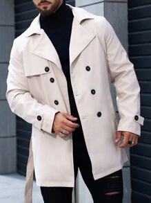 Manfinity Homme Nam Đôi ngực Thắt lưng Áo khoác Trench - Màu Khaki - Xem 4