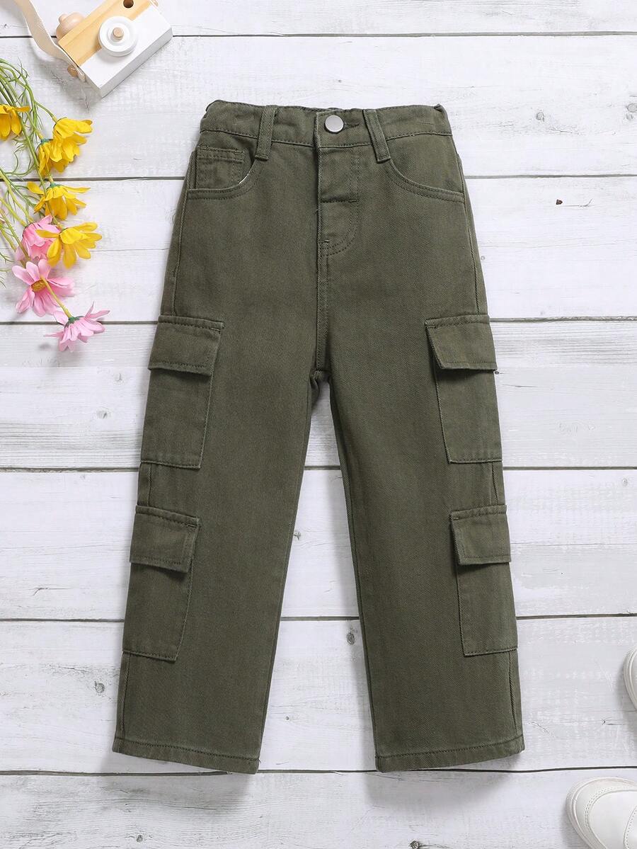 女小童側翻蓋口袋牛仔褲 - 軍綠色 - 查看 1