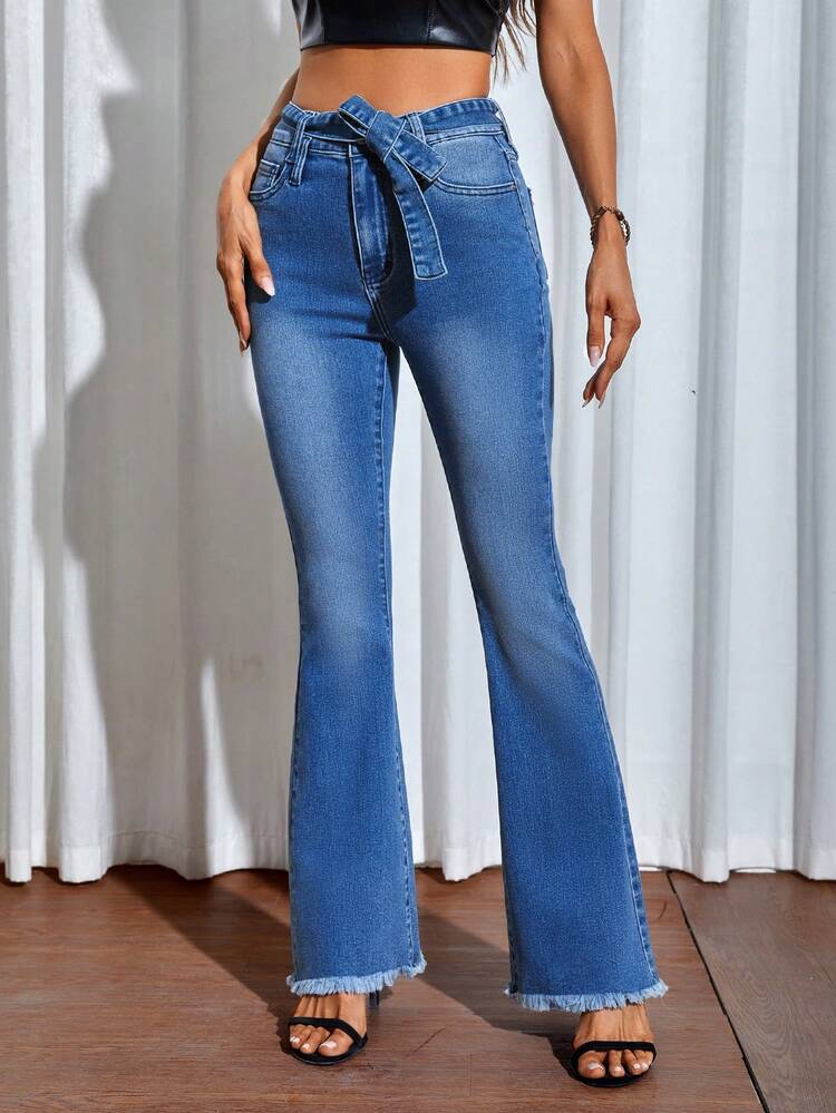 Raw Hem Belted Flare Leg Jeans