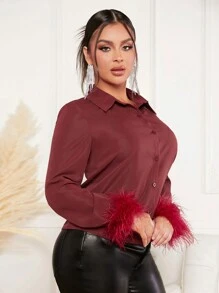 SHEIN SXY قميص زغبي كفة أزرار أمامية - الأحمر - مشاهدة 4