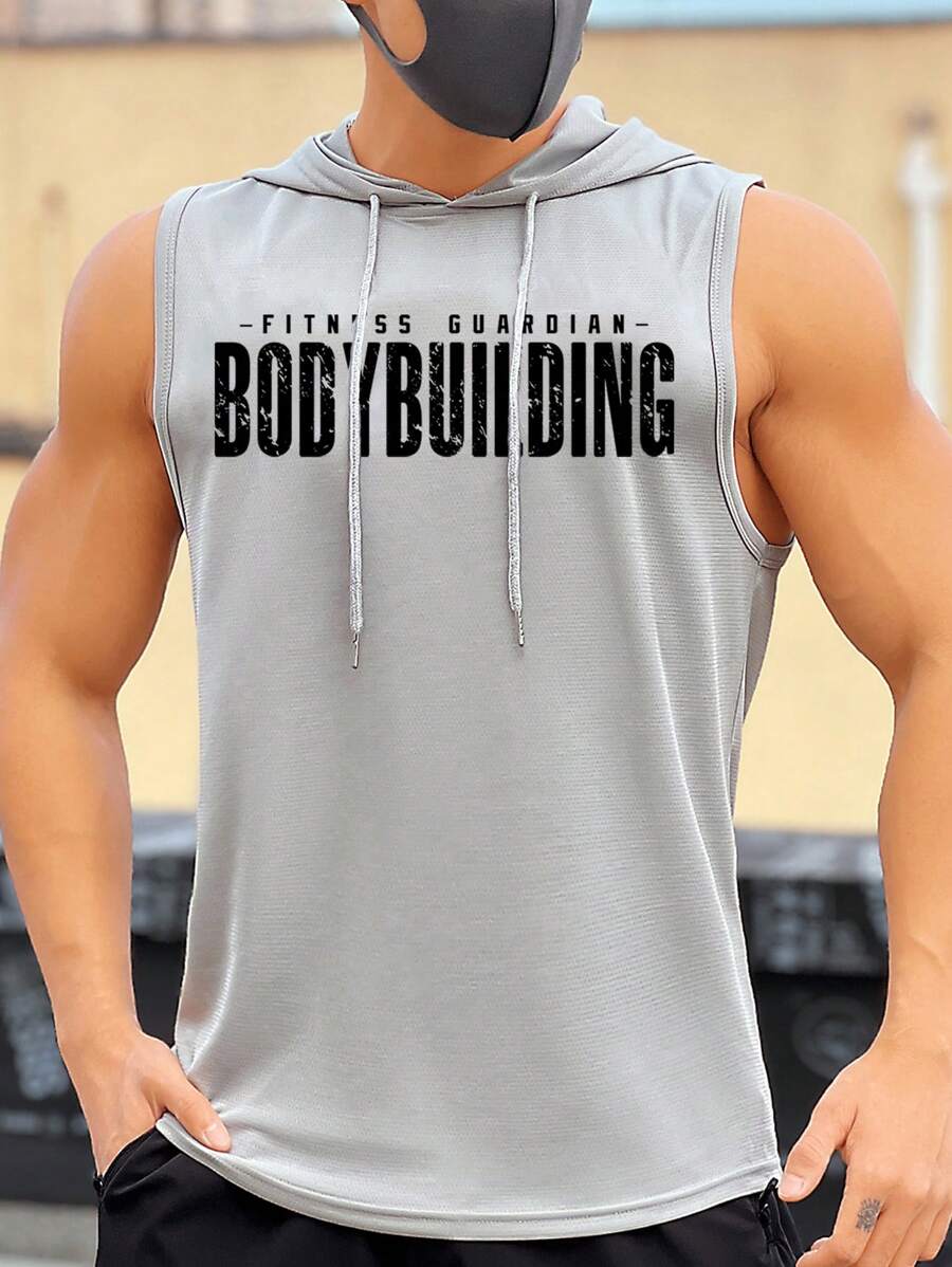 Manfinity Fitness 男士字母圖形束線兜帽背心訓練上衣 - 灰色 - 查看 1