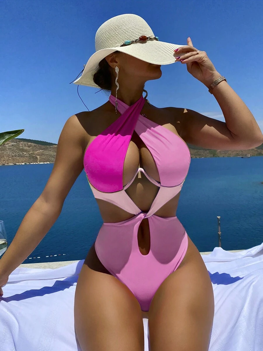 Swim SXY 撞色鏤空吊脖連體泳衣 - 粉色 - 查看 1