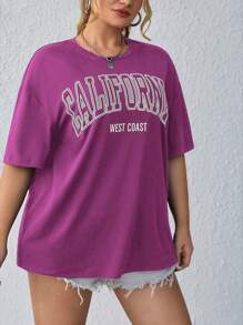 SHEIN EZwear Plus Letter Graphic Drop Shoulder California Tee - Hot Pink - View 5