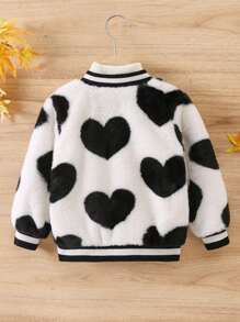SHEIN Young Girl Heart Pattern Striped Trim Teddy Bomber Jacket Without Sweater - Multicolor - View 2