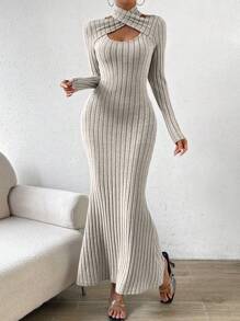 Chiquease Criss Cross Cut Out Front Mermaid Hem Ribbed Knit Dress - Apricot - View 4